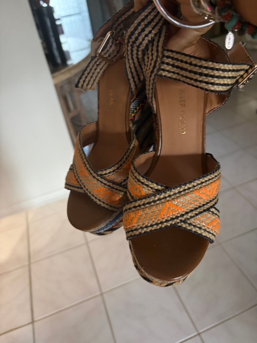 River Island Orange and Natural Woven Platform Wedge Sandals - Picture 8 of 8